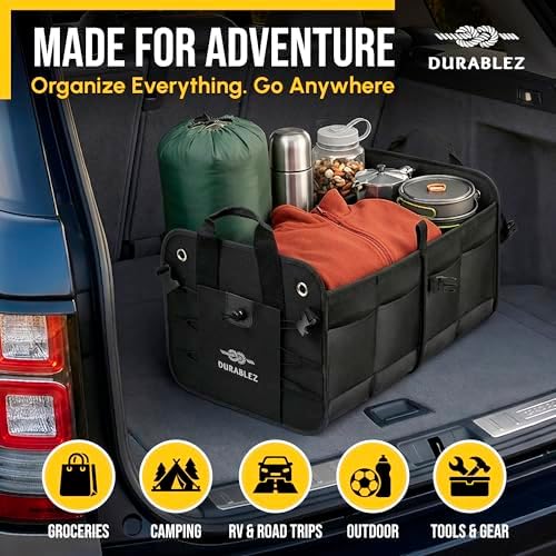 Car Trunk Organizer - Collapsible, Foldable - with Covering Net, Removable Dividers, Attachable Non-Slip Pads, Mounting Straps, and Stainless Hooks - for SUV, Truck, Sedan, Minivan, and Van - Black - Image 2
