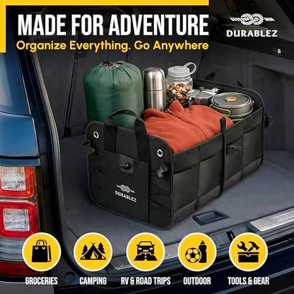 Car Trunk Organizer - Collapsible, Foldable - with Covering Net, Removable Dividers, Attachable Non-Slip Pads, Mounting Straps, and Stainless Hooks - for SUV, Truck, Sedan, Minivan, and Van - Black - Image 2