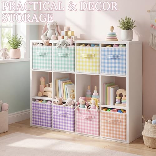 Yalikop 6 Pcs Colorful Gingham Cube Storage Bins, 11 Inch Fabric Checkered Classroom Storage Bins Organizer with Handle Preppy Collapsible Cubby Basket for Classroom Home Nursery Playroom Bedroom - Image 6