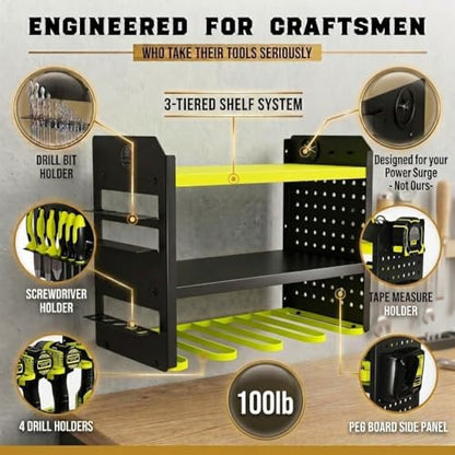 BUILTSTRONG Power Tool Organizer Wall Mount – 3-Tier Heavy-Duty Steel Rack, 4 Drill Slots, Pegboard + Utility Side, 100 lb Capacity – Garage, Workshop & Shed Storage (Green) - Image 2