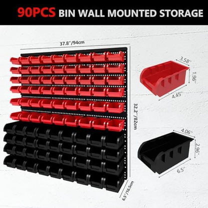 90Pcs Plastic Wall Mounted Storage Bins Parts Rack Nuts And Bolt Bins Organizer For Shop Garage for Screws, Nuts, Bolts, Nails, Beads, and Small Hardware Parts(RED+BLACK, 90) - Image 2