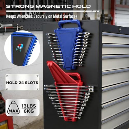 8-Piece Magnetic Socket and Wrench Organizer Set, Metric & SAE, 1/4", 3/8", 1/2"Drive Detachable Socket Storage Tray, 24-Slot Wrench Holder with Non-Slip Handle & Lock Cover for Toolbox Drawer Storage - Image 6