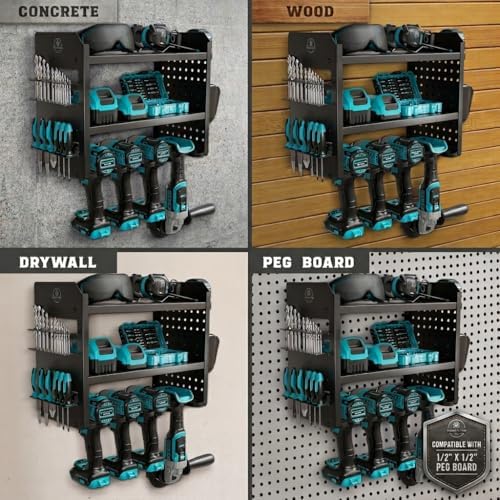 BUILTSTRONG Power Tool Organizer Wall Mount – 3-Tier Heavy-Duty Steel Rack, 4 Drill Slots, Pegboard + Utility Side, 100 lb Capacity – Garage, Workshop & Shed Storage (Black) - Image 5