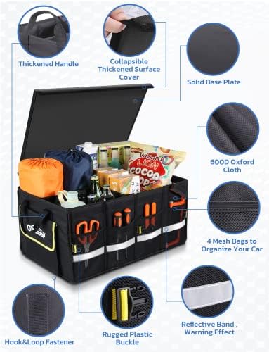 Oasser Car Trunk Organizer with Foldable Soft Lid, 55L 3 Compartments Black - Image 4