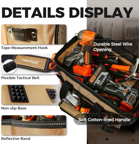 COMOWARE 19-Pocket Tool Bag, Gift for Dad, 16“ Heavy Duty Tool Organizer with Adjustable 51.2" Shoulder Strap, 1680D Oxford Fabric & PVC Coating, Reflective Strips, Tactical Loops, Mechanics - Image 3