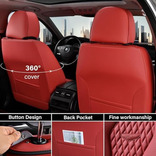 Coverado Car Seat Covers Full Set, Seat Covers, Car Seat Cover, Car Seat Covers Front Seats Back Seat Cover, Waterproof Car Seat Cushion, Leather Red Seat Covers Seat Protector Universal Fit Most Cars - Image 5