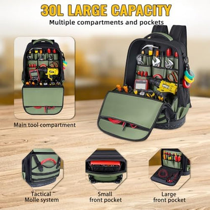 Tool Backpack Heavy Duty, Tool Bag Backpack For Men, Large Empty Toolbag Organizer with Waterproof Molded Hard Bottom, Utility Tool Laptop Storage Back Pack, HVAC Technician Electrician Construction - Image 2