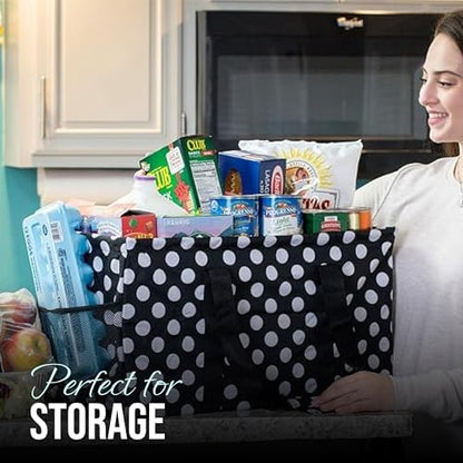 Extra Large Utility Tote Bag - Oversized Collapsible Reusable Wire Frame Rectangular Canvas Basket With Two Exterior Pockets For Beach, Pool, Laundry, Car Trunk, Storage - White Polka Dot - Image 2