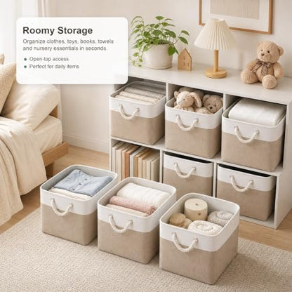 11x11 Inch Cube Storage Bins, 8 Pack Collapsible Fabric Storage Cubes with Rope Handles, Waterproof Foldable Storage Baskets for Cube Shelves, Closet, Clothes, Toys, Books, White & Beige - Image 2