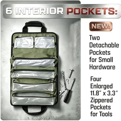 Heavy Duty Roll Up Tool Bag Organizer - 1680D Oxford, 23.6"x13", See-Through PVC Pockets, 12 Compartments for Mechanic, Electrician & Tradesperson - Image 6