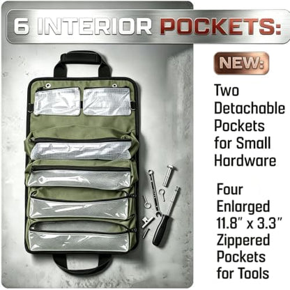 Heavy Duty Roll Up Tool Bag Organizer - 1680D Oxford, 23.6"x13", See-Through PVC Pockets, 12 Compartments for Mechanic, Electrician & Tradesperson - Image 6