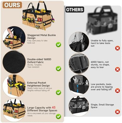 18.5-Inch Tool Bag,43 Pockets Tool Bags for Men,Heavy Duty Tool Box Organizer Storage,Wide Mouth Toolbag Tools Tote Carrying Case for Dad,Mechanic,Electrician,Brown,Bag Only - Image 4