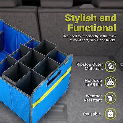 meori Collapsible Trunk Organizer for Car with Bottle Insert for Groceries Road Trips 2 Compartments Heavy Duty Mesh Pocket Ripstop - Image 3