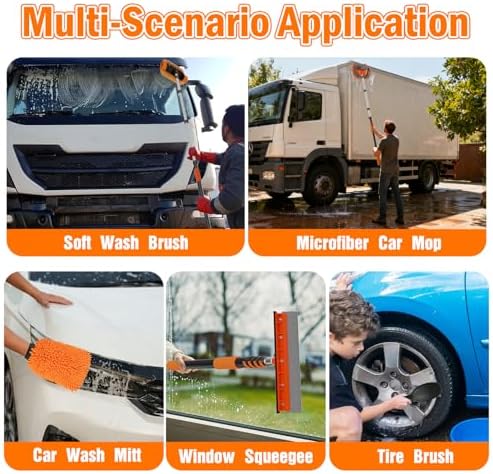 LAANPOLE 16FT Car Wash Brush with Long Handle, Car Cleaning Kit with Soft Bristle Wash Brush, Microfiber Cleaning Mop, Window Squeegee, Mitt, Wheel Brush for RV, Truck, Boat, House Siding - Image 4