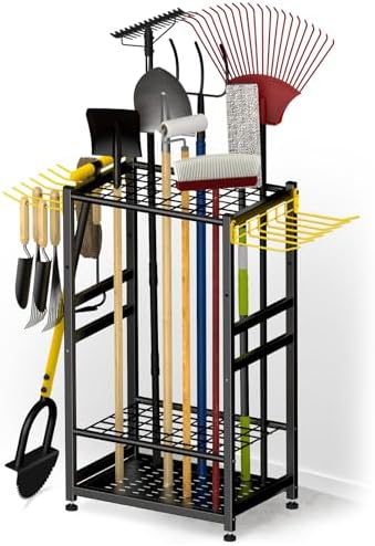 Garden Tool Organizer, Up 48 Long Handle Tool, Garage Storage and Organization with Side Hook for Broom/Rake/Shovel/T-Handle Tool, Heavy Duty Steel Outdoor Tool Rack,Yard Tool Stand for Shed by BlumeTrec