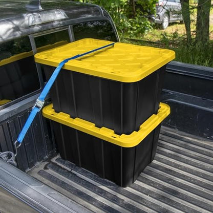 27 Gallon Durable Plastic Storage Tote with Snap-On Lid, Black and Yellow, Heavy-Duty, Secure-Grip Handles, 6 Pack - Image 4