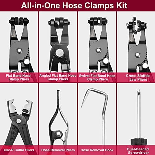 BETOOLL 9pc Hose Clamp Pliers, Professional Automotive with Flexible Wire Long Reach, Clic R Type Swivel Jaw and Flat Band Pliers for Coolant Radiator Heater/Water Hose (Red/Black) - Image 3