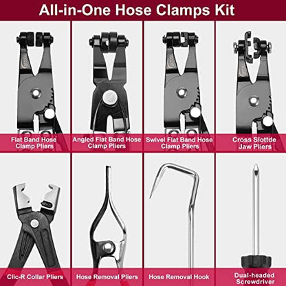 BETOOLL 9pc Hose Clamp Pliers, Professional Automotive with Flexible Wire Long Reach, Clic R Type Swivel Jaw and Flat Band Pliers for Coolant Radiator Heater/Water Hose (Red/Black) - Image 3