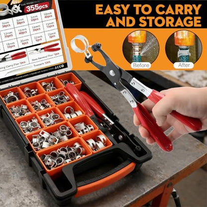 355Pcs Spring Band Hose Clamp Assortment Kit, 6-25mm 15 Sizes Carbon Steel for Fuel Line, Vacuum & Silicone Hoses, Automotive & DIY, with Swivel Jaw Pliers & Removal Tool - Image 5