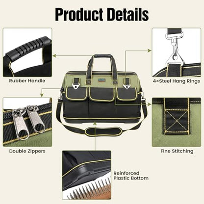 Tool Bag, Ounic 16 Inch BigTool Tote Bag Heavy Duty With Waterproof Molded Base, Wide Mouth Tool Box Organizer with Adjustable Shoulder Strap for Electrician Mechanic Craftsman Plumbers(Green) - Image 4