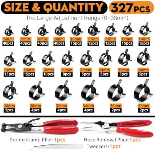 327-Pcs 65Mn Spring Clamps Kit (23 Sizes, 6-38mm) with Swivel Jaw Pliers,Hose Removal Pliers & Tweezers - Constant Tension Fit For Fuel, Coolant, Vacuum & Silicone Hose（Black） - Image 2