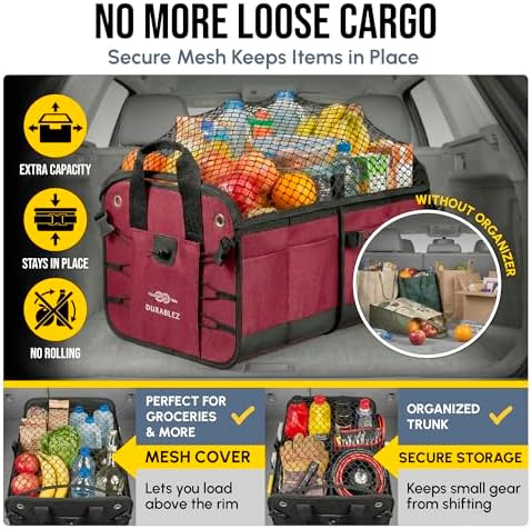 Car Trunk Organizer - Collapsible, Foldable - with Covering Net, Removable Dividers, Attachable Non-Slip Pads, Mounting Straps, and Stainless Hooks - for SUV, Truck, Sedan, Minivan, and Van - Cherry - Image 4