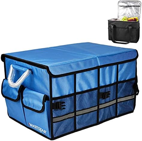 Trunk Organizer With Insulated Grocery Bag, Blue Car Organizer, Collapsible Trunk Organizer For SUV, Sedan And Truck, Car Storage Organizer With Aluminum Alloy Handle by WATTSTAR