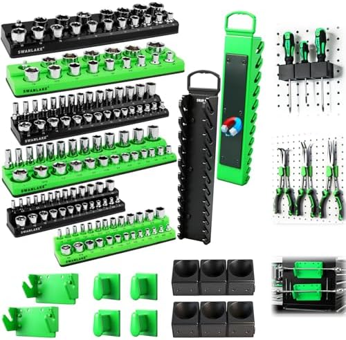 20-Piece Magnetic Tool Organizer Set, 1/4", 3/8", 1/2" SAE & Metric Socket Organizers, 2 Large Wrench Holders, 24-Slot Wrench Rails, Plier and Screwdriver Wall Mount Storage by SWANLAKETOOLS