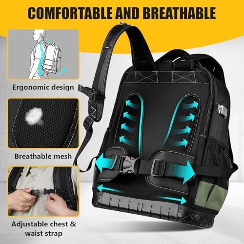 Tool Backpack, UUP Heavy Duty Tool Bag, Large Empty Toolbag Organizer with Waterproof Molded Hard Bottom, Utility Tool Laptop Storage Back Pack, HVAC Technician Electrician Construction Men Dad Gift - Image 5