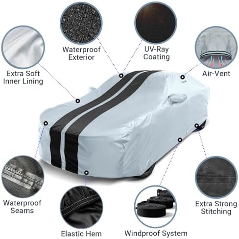 Coverland Premium Plus Car Cover Waterproof All Weather, Rain Snow UV Protection for Monte Carlo, Thunderbird, A7, S7, G80, CTS, CLS, Model S, Size C16 (See Size Chart), Stripe - Gray/Black - Image 2