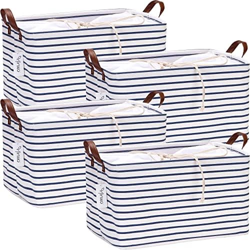 Hinwo 4-Pack Large Canvas Fabric Storage Baskets with Handles, 31L Rectangle Storage Bins, Collapsible Storage Box, Clothes, Toys, Blankets Organizers, 16.5 x 11.8 x 9.8 inches, (Navy Blue Stripe) by Hinwo
