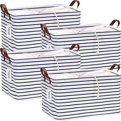 Hinwo 4-Pack Large Canvas Fabric Storage Baskets with Handles, 31L Rectangle Storage Bins, Collapsible Storage Box, Clothes, Toys, Blankets Organizers, 16.5 x 11.8 x 9.8 inches, (Navy Blue Stripe) by Hinwo