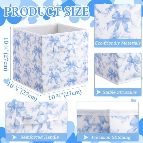 Geelin 6 Pcs Blue Floral Bow Cube Storage Bins 11 in Basket with Handle - Image 2