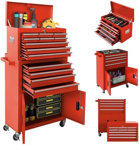13-Drawer Rolling Tool Chest with Double Door Handle, 2-in-1 Detachable Metal Storage Cabinet with Wheels and Lock, Large Capacity Tool Box for Garage, Gift for Men Dad Husband Fathers(Red) by Sonlmik