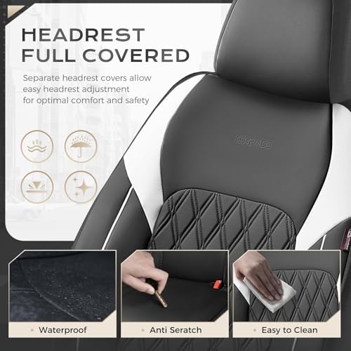 Coverado Car Seat Cover, Car Seat Covers Front Seats, Waterproof Car Seat Covers, Car Seat Cushion, Front Seat Covers Faux Leather Driver Car Seat Protector Fit for Most Cars Trucks SUV, Black&White - Image 6