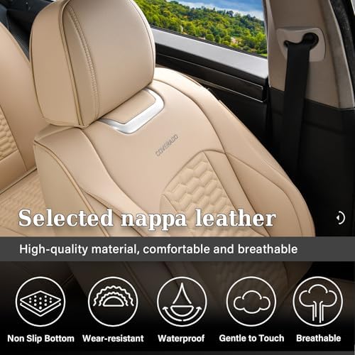 Coverado Car Seat Covers Full Set, Nappa Leather Seat Covers for Cars, Waterproof Automotive Car Seat Covers Interior Accessories Universal Fit Most Sedans, SUVs, Pick-up Trucks(Beige) - Image 4