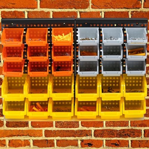30-Bin Wall Mounted Storage Bins Kit, Tool Organizer Rack, Garage Hardware Organizer, Parts Storage Bins, DIY Combination 4 Set (Grey & Orange & Yellow Type) - Image 6
