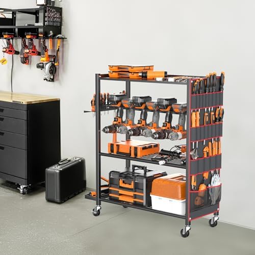 TORACK Rolling Power Tool Storage Cart, 4-Tier Large Drill Organizer with Slots for 12 Drills, Freestanding Cordless Tool Rack with Wheels for Garage & Workshop - Image 2