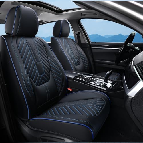 Coverado Car Seat Covers Full Set, Faux Leather Seat Covers for Car, Luxury Automotive Seat Covers Waterproof Car Seat Protector Universal Fit for Most Cars SUV Truck with Lumbar Support(Black&Blue) - Image 2
