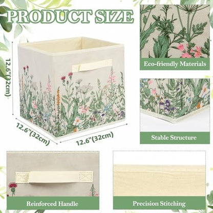 6 Pcs Wild Floral Cube Storage Bins 12.5 Inch Flower Storage Basket with Handle, Beige Collapsible Fabric Box for Classroom Bedrooms Office Home Decoration - Image 3