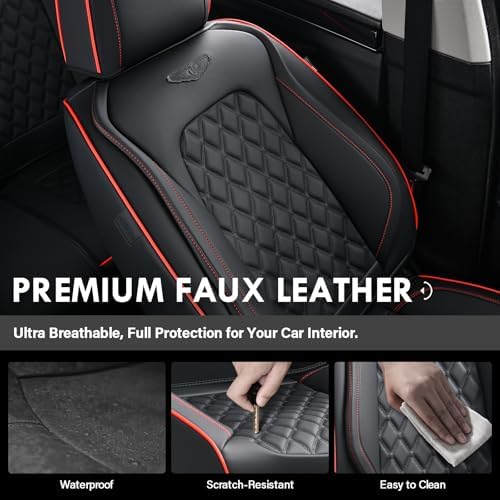 Coverado Full Set Car Seat Covers, Luxury Faux Leather Waterproof Seat Covers, 5-Seat Universal Fit, Front & Back Car Seat Protectors,Leather Seat Covers for Most Cars-Black & Red Line - Image 5