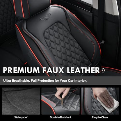 Coverado Full Set Car Seat Covers, Luxury Faux Leather Waterproof Seat Covers, 5-Seat Universal Fit, Front & Back Car Seat Protectors,Leather Seat Covers for Most Cars-Black & Red Line - Image 5