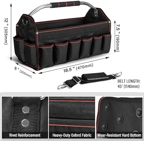 HAUTMEC 18" Foldable Tool Tote, Open Top Tool Bag with Removable Divider & Stiff Frame, 23-Pockets Electrician Tool Bag with Padded Steel Handle, Shoulder Strap & Water-Resistant Hard Base – HT0020 - Image 5