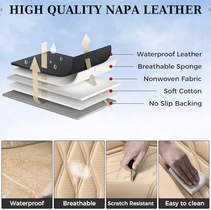 Coverado Front Seat Covers, Car Seat Protector, Waterproof Nappa Leather Cushion, Fit for Most Sedans SUV Pick-up Truck-Beige - Image 6