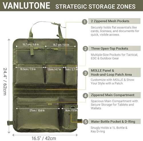 Tactical Car Seat Organizer with Multiple Pockets, MOLLE Panel System & Mesh Compartments, Durable Nylon ​Universal Vehicle Seat Back Storage with Cup Holder, Water-Resistant (Army Green)​ - Image 3