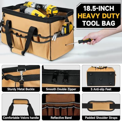 18.5-Inch Tool Bag,43 Pockets Tool Bags for Men,Heavy Duty Tool Box Organizer Storage,Wide Mouth Toolbag Tools Tote Carrying Case for Dad,Mechanic,Electrician,Brown,Bag Only - Image 5