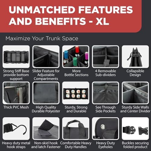 XL Car Trunk Organizer (4.5 Cu Ft) – Heavy-Duty Foldable SUV & Truck Cargo Storage Bin with Non-Slip Base, Reinforced Plates & Tie-Down Straps (Black) - Image 5