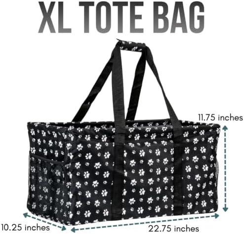Extra Large Utility Tote Bag - Oversized Collapsible Reusable Wire Frame Rectangular Canvas Basket With Two Exterior Pockets For Beach, Pool, Laundry, Car Trunk, Storage - Dog Paw - Image 4