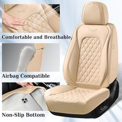 Coverado Front Car Seat Covers, Faux Leather Oil-Resistant Non-Slip Cushions, Universal Fit for Sedans, Pickups, SUVs, Waterproof Seat Covers, Car Seat Protectors – Beige - Image 2