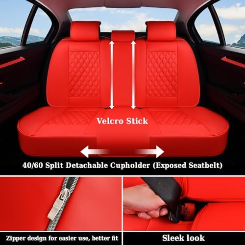 Coverado Full Set Car Seat Covers, 5-Seat Universal Faux Leather Waterproof Seat Covers, Front & Back Car Seat Protectors, Red Leather Seat Covers Fit for Most Vehicles-Red - Image 3